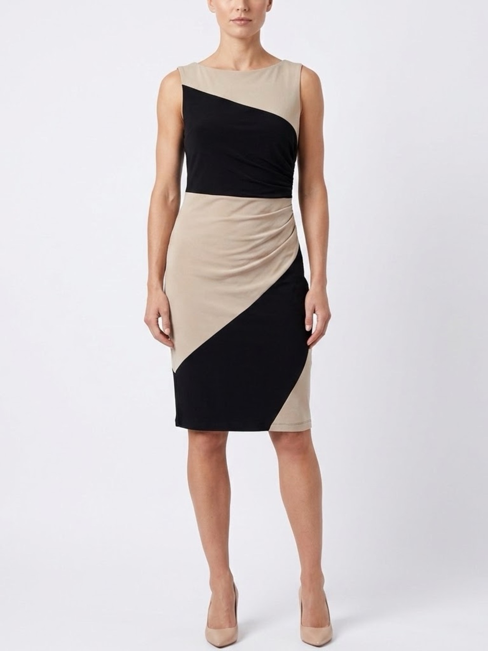 MUSE Sleeveless Black and Beige Diagonal Colorblock Sheath Dress size 4